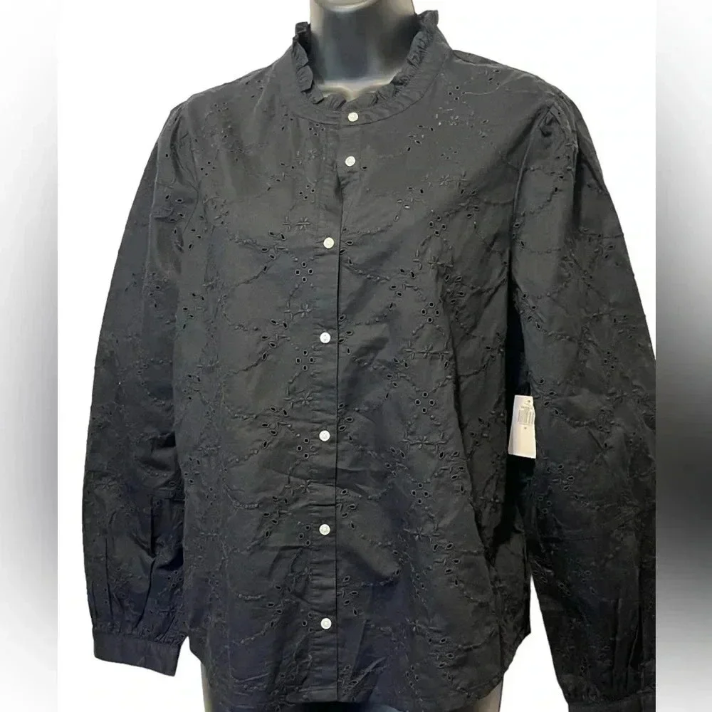 NWT Old Navy Ruffle Neck Black Eyelet Button Down Shirt Top Womens size medium
